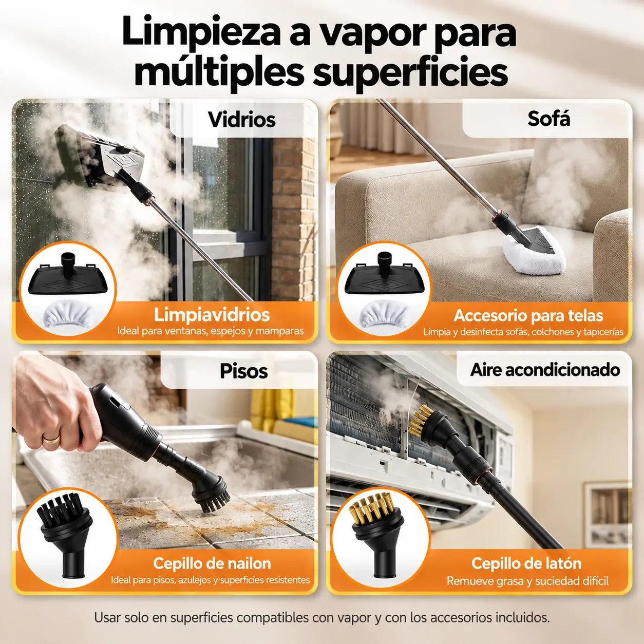 Cepillos y cabezal rectangular del vaporizador en distintas superficies
