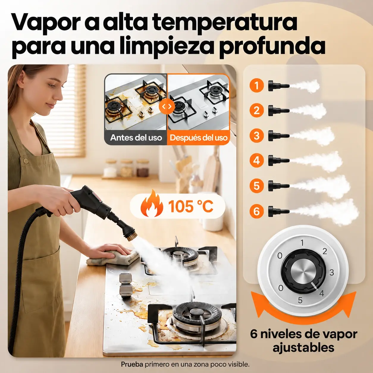 Cocina antes y después de limpiar con vapor a 105 °C y 6 niveles de vapor