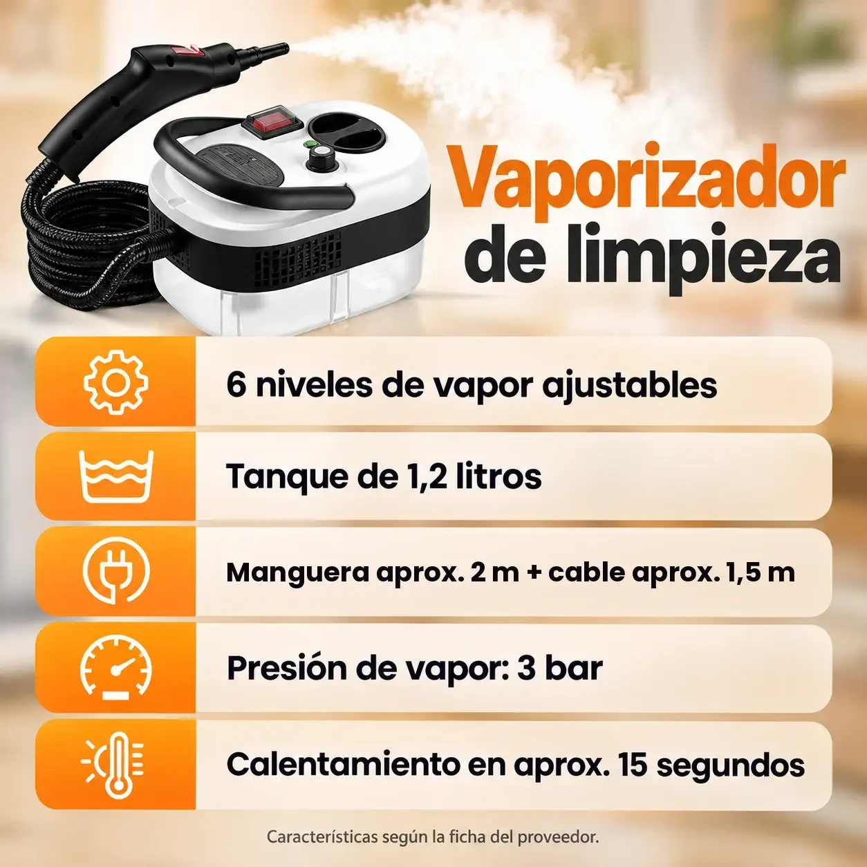 Características del vaporizador: 6 niveles de vapor, tanque de 1,2 L, manguera de aprox. 2 m y cable de aprox. 1,5 m, 3 bar y calentamiento en aprox. 15 s
