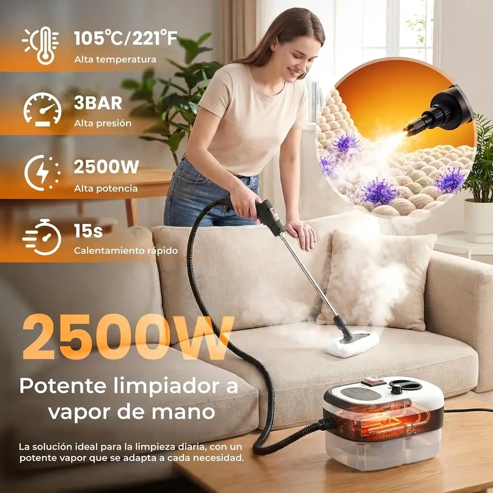 Vaporizador de 2500 W limpiando un sofá con el tubo de extensión