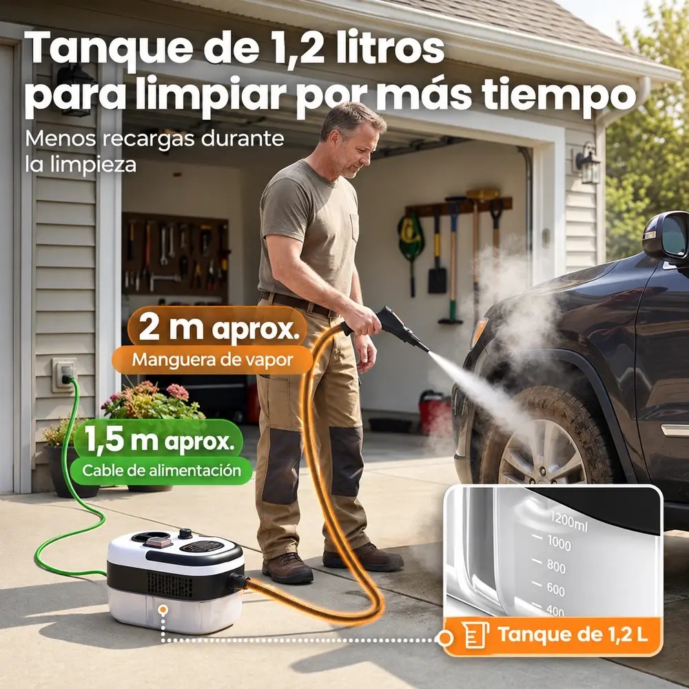 Tanque de 1,2 L, manguera de aprox. 2 m y cable de aprox. 1,5 m
