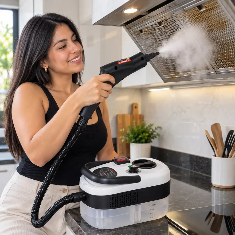 Limpiando la campana de la cocina con vapor
