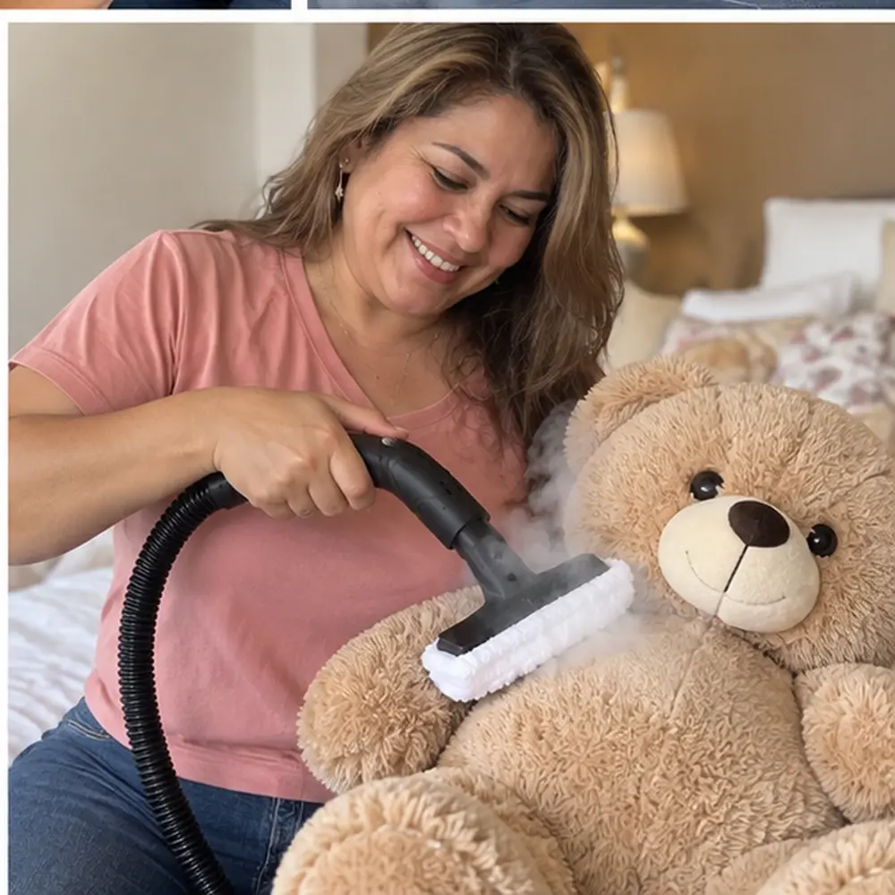 Limpiando un peluche con el cabezal rectangular y paño